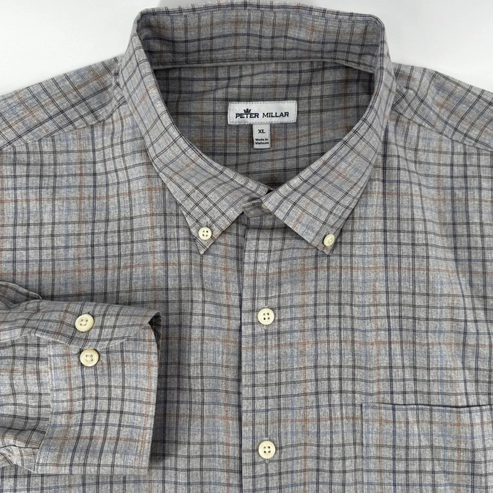 Peter Millar‎ Mens XL Performance Grey Plaid Button Down Long Sleeve Shirt